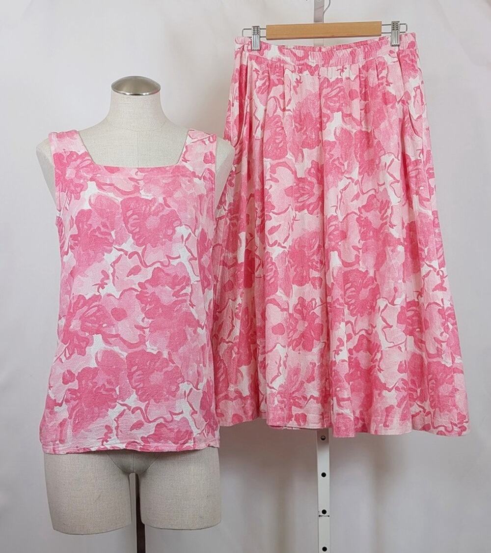 Vintage 80s Top Pants Set Pink Floral Wide Leg Women's Size S LA Seat Covers